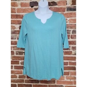 J Jill Linen Blend Tunic Pullover Sweater L Turquoise Teal Relaxed Casual Chic